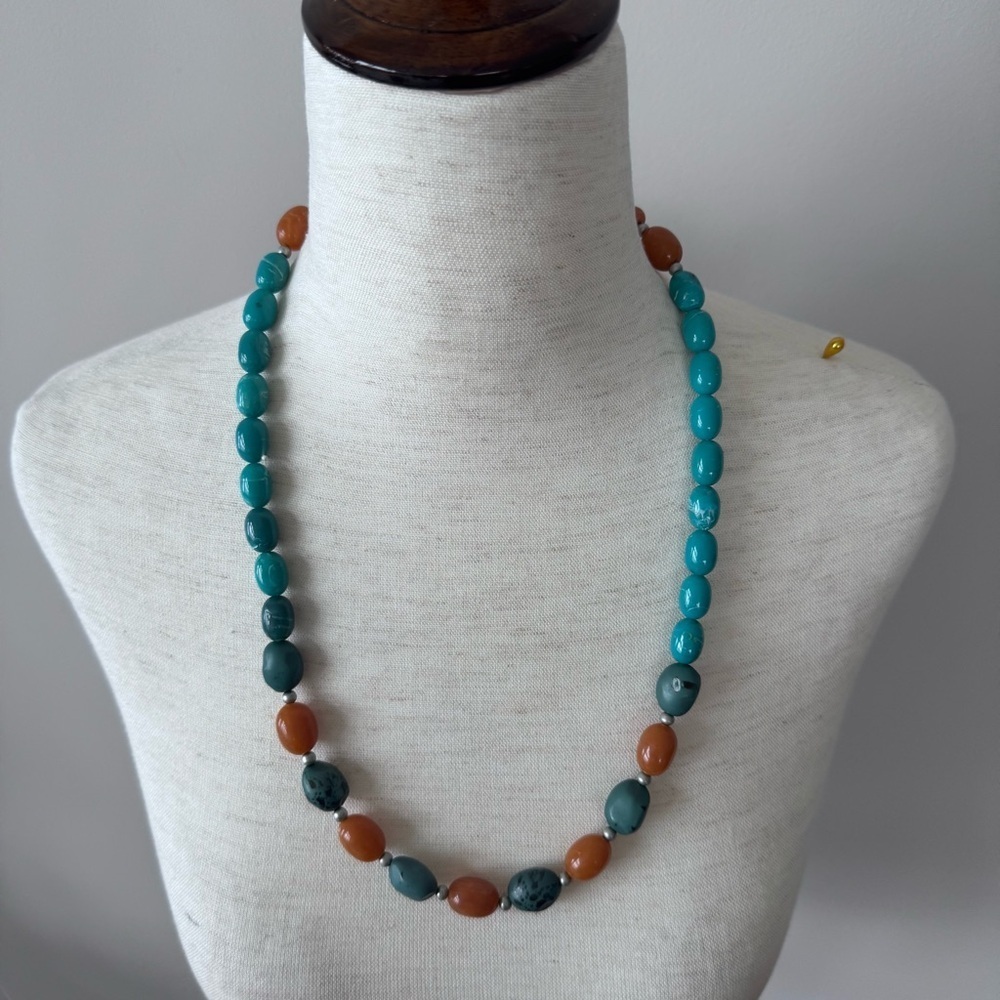 Turquoise and Amber Beaded Necklace - Fishhook Closure - Picture 2 of 6